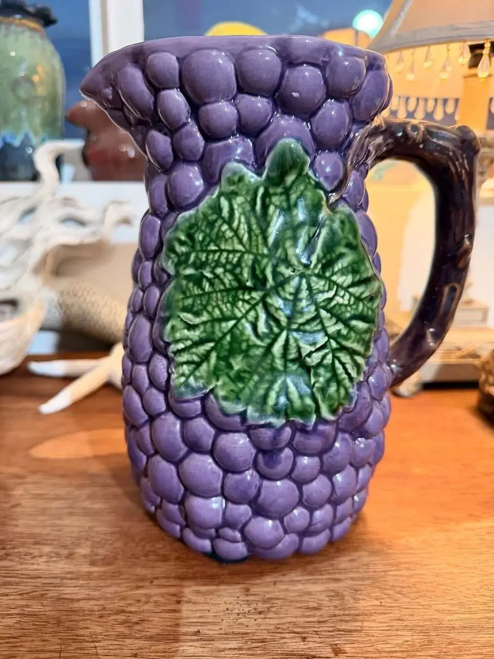 Jay Willfred Purple Grape and Green Leaf Majolica Ceramic Pitcher Jug